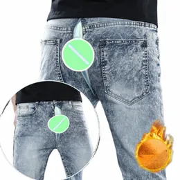 Calças de sexo ao ar livre de virilha aberta calças de brim forradas de lã masculina para homens quentes de inverno skinny slim fit estiramento rasgado calças jeans h3x4 #