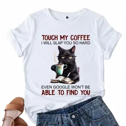 carto Angry Black Cat T-Shirts Women's Clothing Touch My Coffee I Will Slap You So Hard Animals Vintage T-Shirts Women TShirts w87A#