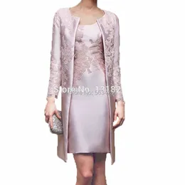 Pink Satin Lace -applikationer 2 stycken Mor till bruden Dres med jacka 2020 nyzy m2 bröllopsfest gästkläder robe cocktail b9ma#