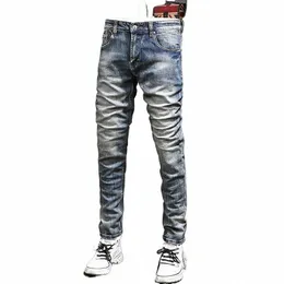 newly Designer Fi Men Jeans Retro Wed Blue Elastic Slim Fit Ripped Jeans Men Trendy Designer Trousers Denim Pants Hombre L8Am#