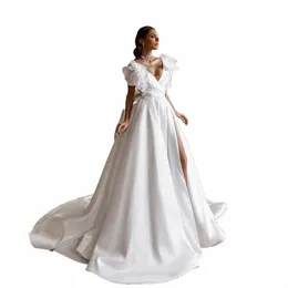 Sodigne Kirche Eine Linie Satin Hochzeit Kleid Für Frauen Fr Schulter Seite Schlitz V-ausschnitt Braut Dr Robe De Mariee hochzeit Kleid v2fW #