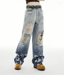 Kvinnors byxor jeans tvättade bomullsblå gradient retro amerikansk oregelbunden design hög midja springautumn rak wideleg mode