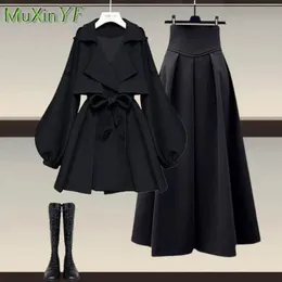 Womens 2023 AutumnWinter Fashion Waist Jacket Midi Skirt Two Piece Suit Korean Elegant Loose Coat Dress Matching Set 240323