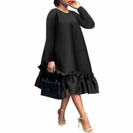 plus Size Women Dr 2023 VONDA Casual Solid Color Dres Vintage Sundr Lg Sleeve Ruffled Vestido Robe Femme Z7dT#