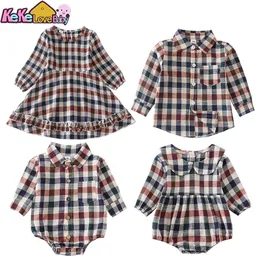 Brother Sister Girls Kids Dress Matching Clothes Lattice Long Sleeve Boys Tshirt Shirt Children Clothing Baby Romper 240322