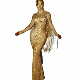 Donne Sexy Stage Sparkly Cristalli Lg Dr Evening Party Rhinestes Dr Compleanno Celebrare Costume Frange Photoshoot Dr f6KM #