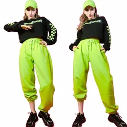 Kobiety Jazz Hip-Hop Performance Kostiumy swobodne fluorescencyjne zielone bluza hiphopowe spodnie Stufal Stage Stroje SL5819 M2DR#