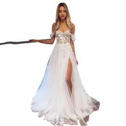 sodigne Lace Boho Wedding Dres 3D Fr Off Shoulder A Line Wedding Gown Side Split Bridal Dr bestidos de novia e0v1#