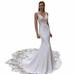 high Quality Spaghetti Straps Wedding Dres V-Neck Backl Bride Gowns Lace Appliques Sweep Train Mermaid Vestido De Noiva v8Ee#