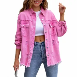 Elegante rosa buracos rasgado oversized denim jaqueta feminina primavera nova casual lg namorado disred denim jaqueta jeans streetwear 20st #