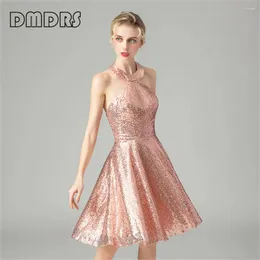 Vestidos casuais DMDRS |Champagne rosa lantejoulas vestido de baile curto midi vestido de noite ocasião formal para mulheres sem mangas robe de soriee