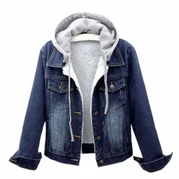 Зимняя джинсовая куртка женская со съемной шапкой с капюшоном толстое пальто сохраняет тепло однобортная плюшевая куртка пальто r9hb #