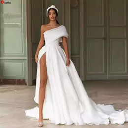 Neue Mode Plus Size Kleider One Shoulder High Split Applikationen Spitze Brautkleider Sweep Zug Organza Hochzeitskleid Vestidos S