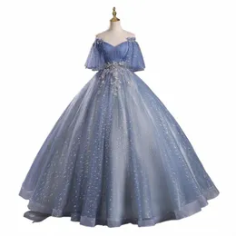 YM New Gray Blue Quinceanera DRES 플러스 크기의 볼 가운 소매 푸른 드레스 프롬 스위트 16 DR vestido de 15anos u0pg#