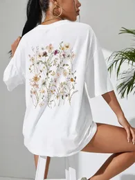 아름다운 꽃 클러스터 인쇄 면화 여성 Tshirts 캐주얼 통기성 부드러운 짧은 슬리브 탑 느슨한 편안한 길거리 옷 240328