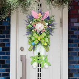 Fiori decorativi Ghirlanda di uova di Pasqua Foglie verdi per porta d'ingresso con ghirlanda di benvenuto artificiale per interni ed esterni con fiocco Bowknot