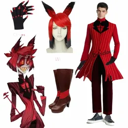 Alastor Cosplay Hazbin 애니메이션 코스프레 의상 가발 귀 귀에 호텔 신발 accories halen 파티 유니폼 남자 여자 재킷 빨간 정장 a13t#