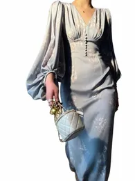 Vestidos de Sirena C Estampado Vintage Para Mujer、Ropa Elegante de Manga Larga c Cuello en V、2023 Y15S＃