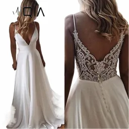LG Chiff Boho Beach Wedding Gown, Summer A Line Simple White Bride Wedding Dr, V Neck Bridal Party Dr, Vestido De Noiva C4FP #