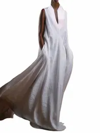 Kvinnor FI LINEN DRES ELEGANT PLAIN DEEP V NECK SLEEVEL LINEN flödande Maxi Dr Casual LG Dres Streetwear I0AR#