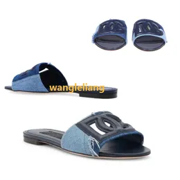 Pantofola sandalo designer da donna -patch Collage Pantofole in denim Punta aperta Piatta Blu Denim Ciabatte Flat Slide Slip On EU35-43