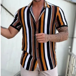 Camisa masculina moda listrado 3d impressão manga curta t verão praia turndown colarinho botão blusa casual roupas masculinas 240328