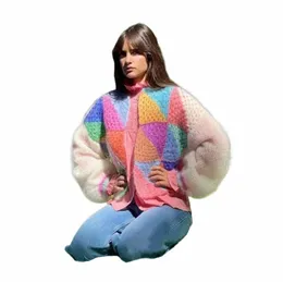 vintage Ctrast Stripe Cropped Cardigan Lantern Sleeve Loose Rainbow Knitted Tops Coat 2023 Women Fi Sweater Street Wear J23R#