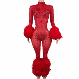 glisten Crystal Red Tuta Sexy Hairy Rhinestes Dr Women Outfit Nightclub Cantante Costume Stage Dance DS Abbigliamento Guibin M0We #