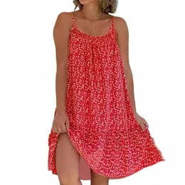 donne stampa floreale Dr elegante casuale sexy della cinghia di spaghetti del partito A-Line Sleevel Mini Dres femminile allentato Beach Sundr y0Ey #