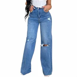 fi High Waist Street Versatile Jeans Women's Straight Wide Leg Denim Pants Female Daily Casual Basic Broken Holes Trousers 91Zk#