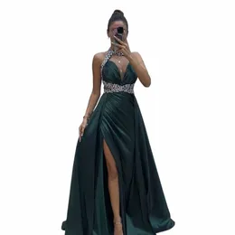 مثير المساء Dr Satin Prom Dr Halter Neck Slevel High Slit Ball Downs Sequin equins legant Retsits Vestidos de Gala v97b#