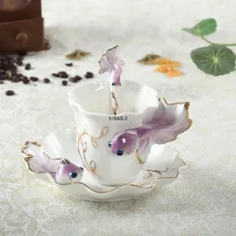 Mugs Creative Fashion 3D Goldfish Shape Emamel Ceramic Coffee Tea Cup Tray Spoon Set Porcelain Water Valentine's Day Gift