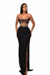 Schwarze Abendkleider Perlen Illusi Strapl Meerjungfrau Pailletten Sparkly High Slit Sexy Formale Party Hochzeit Prom Kleider Benutzerdefinierte D3qH #