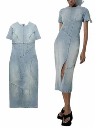 Zbza Women's Fi Patchwork Denim Short Sleeve Dr Elegant dragkedja slits O Neck High Street Slimming -klänningar H9N8#