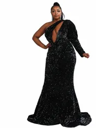missord Black Sequin Plus Size Party Dres Elegant Women One Shoulder Lg Sleeve Cutout Bodyc Maxi Evening Prom Dr Gown 82aS#