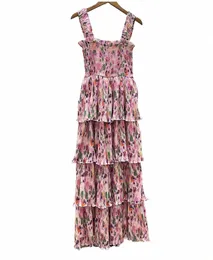 Vestido de Verano Plisado C Estampado Rosa Para Mujer、Vestido Largo C Tirantes Para facacies en la playa、volantes、Pastel、Midi、Floral、de Un a1iz＃