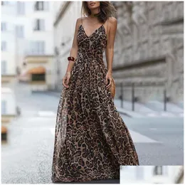 فساتين غير رسمية أساسية أزياء Y فستان Leopard v-Neck Sling Maxi Women Summer Summeress Chiffon Beach Long Robe Tops Drop Drops A DHS7O