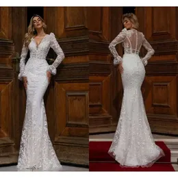 Stunning Full Lace Sleeve Wedding Dresses Sexy Mermaid Deep V Neck Sheer Backless Appliques Long Bridal Gowns Arabic Robes De BC