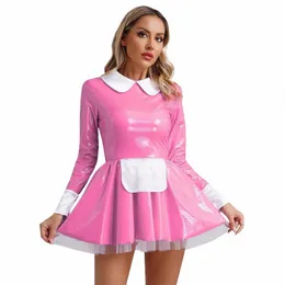 Mulheres Sexy Faux Latex French Maid Dr Halen Sweet Lolita Cosplay A-line Mini Dr Clubwear Maidservant Waitr Costume T3Ff #