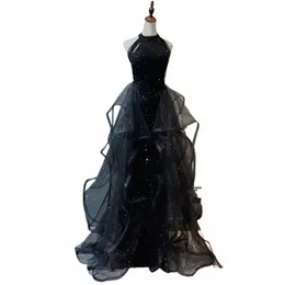 Maxi Dres para mulheres festa à noite preto lantejoulas mangas babados fino ajuste sólido retro rendas saias fi feminino baile dr 66nV #