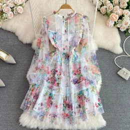 Casual Dresses Bohemian Lace Splicing Women's Elegant Long Sleeve Ladies Autumn High Waist Mesh Floral Print Vacation Mini Dress