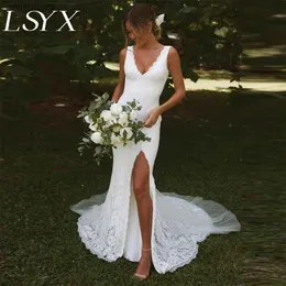 Vestidos sexy urbanos lsyx profundo decote em v sem mangas rendas sereia vestido de casamento aberto de volta alta fenda lateral até o chão vestido de noiva feito sob encomenda yq240329