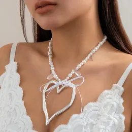 Encantos y2z na moda coração pingente colar imitação pérola cristal renda branco gargantilha clavícula corrente elegância feminino jóias acessórios