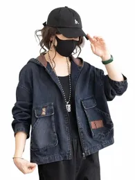 Vintage Frauen Mit Kapuze Denim Jacekt Übergroßen 4XL Frühling Herbst Neue Cowboy Mäntel Lose Kurze Casual Casacos Koreanische Vielseitige Jaqueta c0Gn #