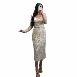 Beige Farbe Meerjungfrau Knielangen Shinning Abend Dr Lg Sleeve Luxus 2023 Pailletten Formale Prom Dr Dubai Party Kleid K3OQ #