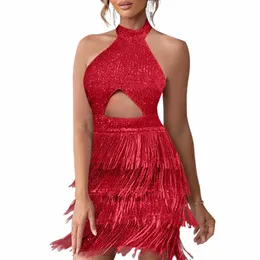 Sexy Frisado Sleevel Halter Dr Belly Butt Sequin Fringe Feminino Elegante Formal Dres Cocktail Party Vestidos C1yG #