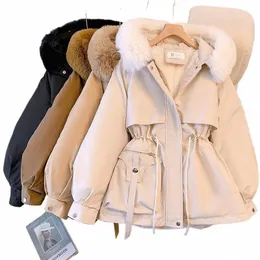 fleece Fur Liner Parkas Winter Short Coat Women Cott-Padded Jacket Loose Drawstring Outwear Female Hooded Fur Collar Overcoat 93YI#