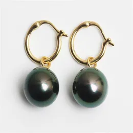 Naturalny 16 mm Tahitian Black South Sea Shell Pearl Earring 18K Złota Nieregularna piękna biżuteria Urocza prezent dla jej Flawless2772