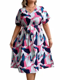 Gibsie Plus Size Geo Stampa scollo a V manica corta con cintura Dr donne 2023 nuova estate vita alta lunghezza del ginocchio casual A-Line Dres f6Qa #