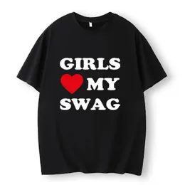 Flickor älskar hjärta min swag tshirt roligt brev tryckt kvinnliga svarta tee y2k estetiska cool pojke flicka överdimensionerad t -shirt harajuku 240315